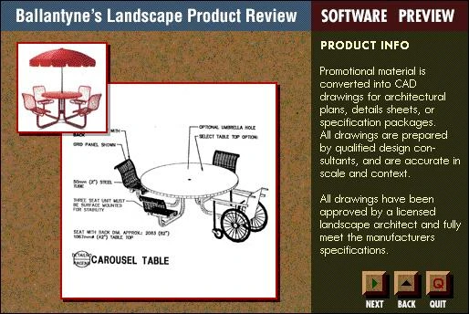 Screenshot of Ballantyne's Landscape Product Review, a SuperCard product catalog showing a CAD drawing of a carousel table