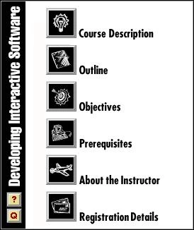 Screenshot of the Better By Design menu screen, showing icon links for Course Description, Outline, Objectives, Prerequisites, About the Instructor, and Registration Details