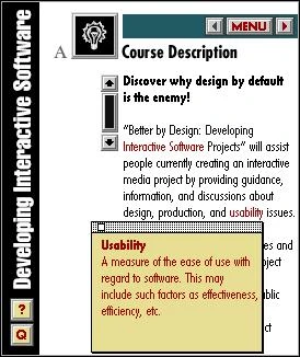 Screenshot of Better By Design, a SuperCard course companion, showing a Course Description screen with a popup definition of Usability