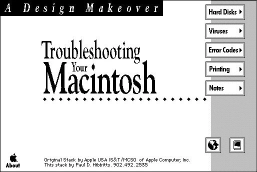 Screenshot of A Design Makeover, showing a Troubleshooting Your Macintosh title screen with a list of topics including Hard Disks, Viruses, and Error Codes