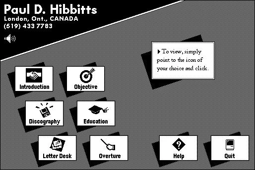 Screenshot of Personal Profile, a 1991 interactive resume built in HyperCard, showing an icon menu with Introduction, Objective, Discography, Education, Letter Desk, and Overture