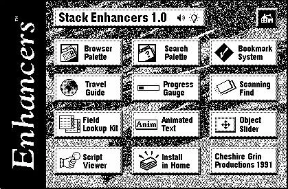 Screenshot of Stack Enhancers 1.0, showing a grid of HyperCard tool icons including Browser Palette, Search Palette, Bookmark System, and Travel Guide