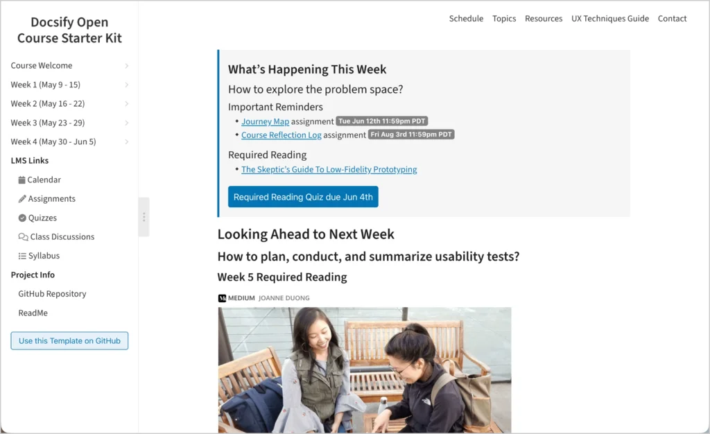 Docsify Open Course Starter Kit demo site, showing a sidebar with weekly course navigation next to a weekly overview page