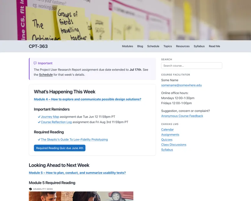 Screenshot of the Grav Open Course Hub home page, showing a header photo, Modules and Blog in the course navigation, and links to this week's module