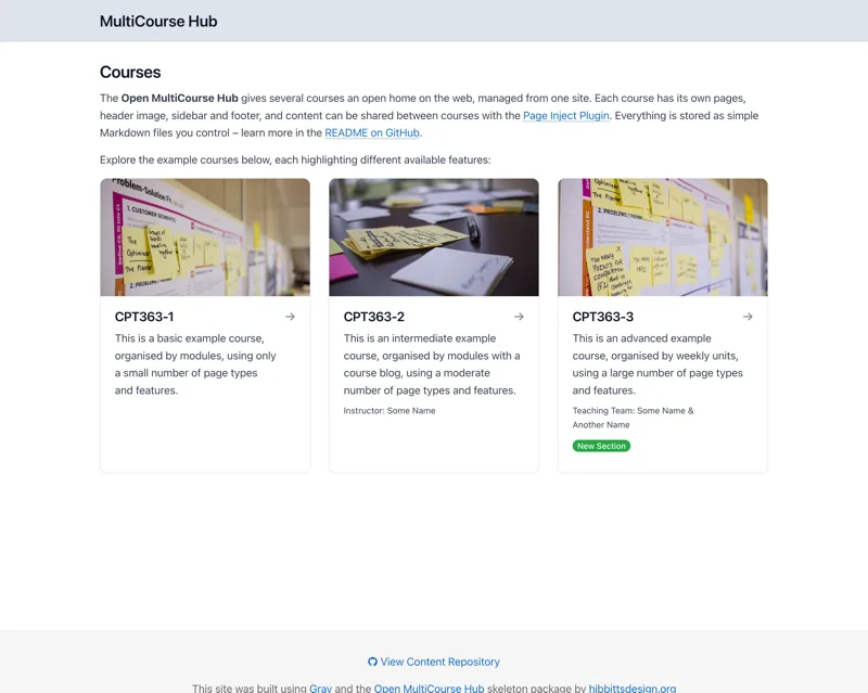 Screenshot of the Grav Open MultiCourse Hub courses page, showing course cards for three example courses