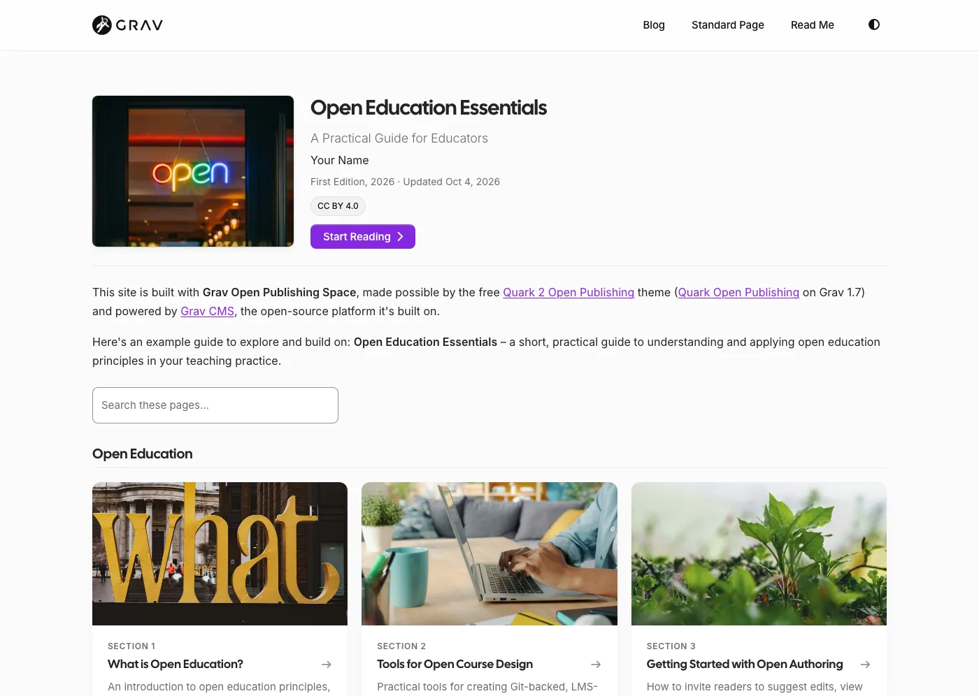 Grav Open Publishing Space home page, showing the Open Education Essentials guide with its cover image, Start Reading button, search box and section cards