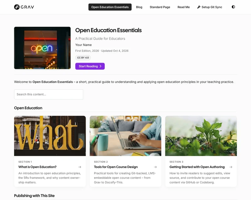 Screenshot of the Grav Open Publishing Space home page on the Quark 2 theme, showing an open guide with a cover image beside its title and details, a Start Reading button, and section cards