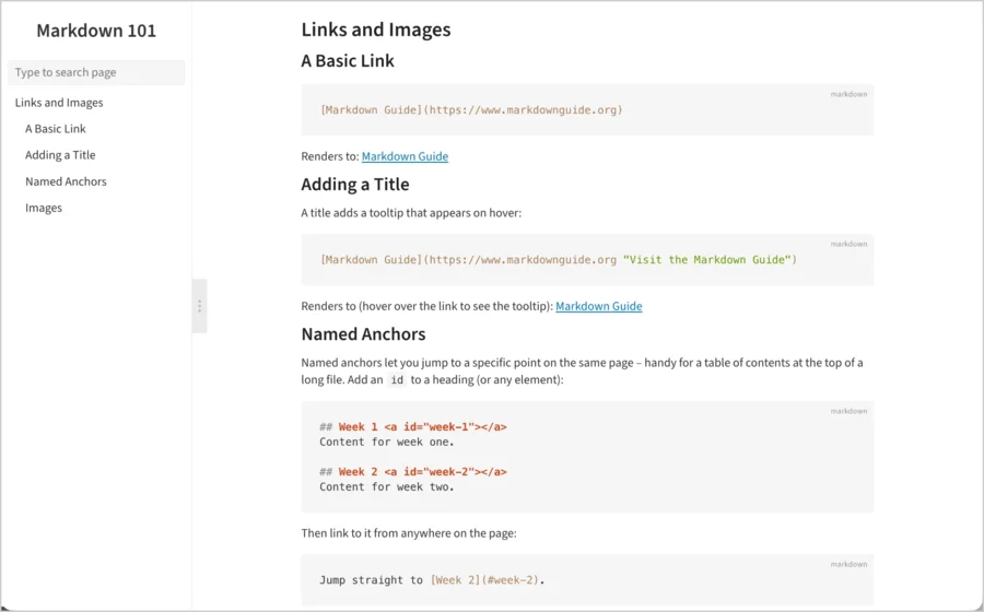 The same page displayed with Docsify-This, showing a sidebar outline generated from its headings and a search box
