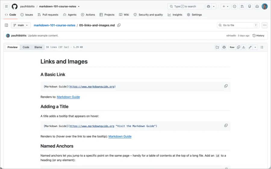 A course page viewed on GitHub, with no sidebar or search