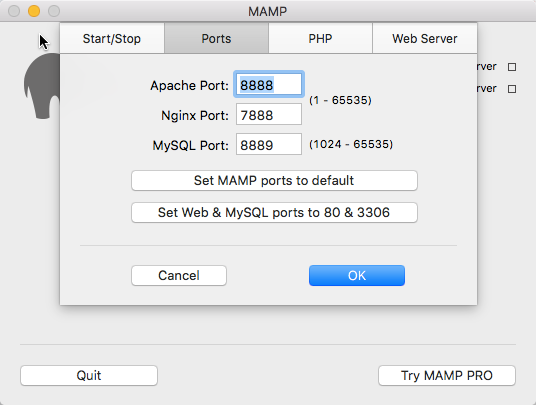 MAMP ports panel tab