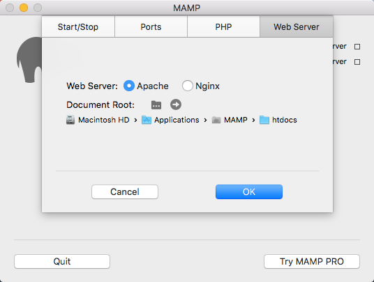 MAMP Web server tab