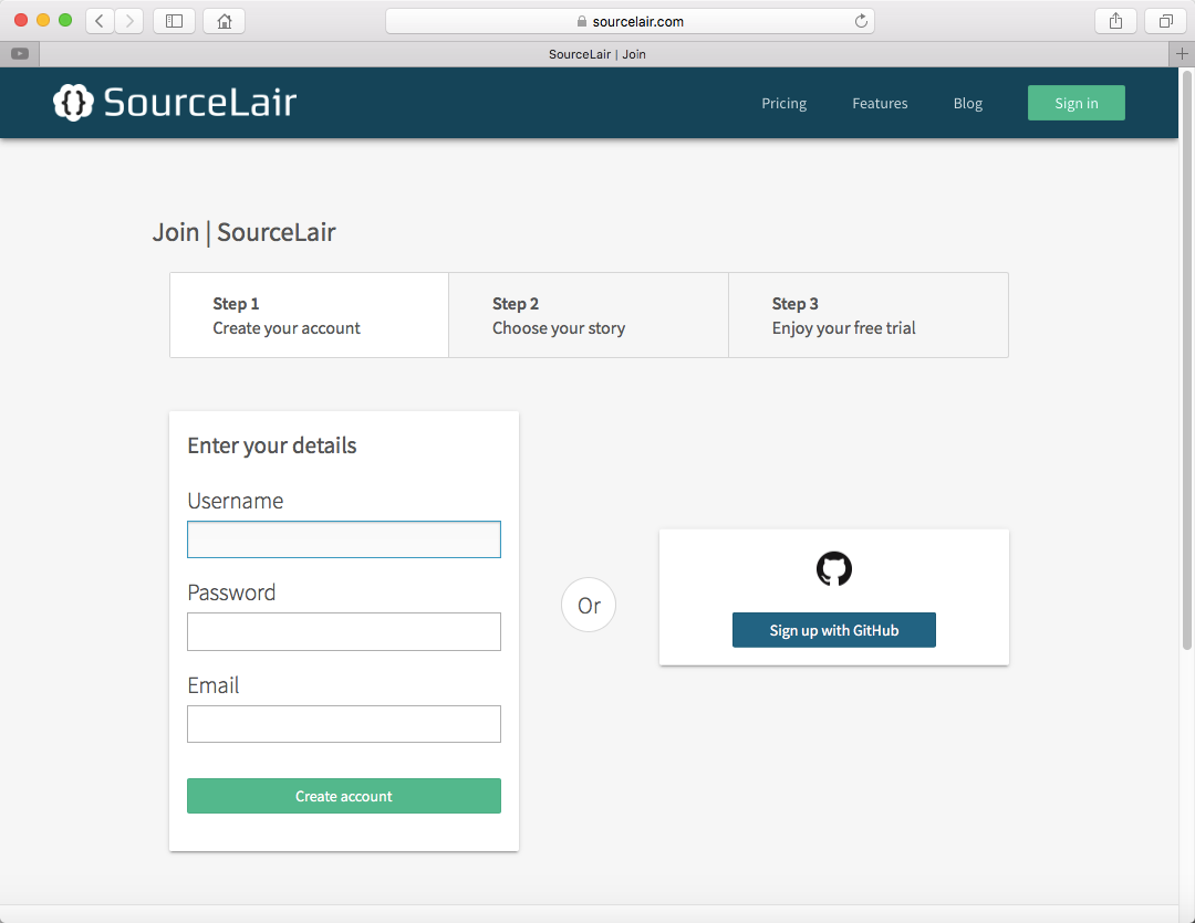 SourceLair sign up page