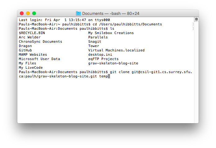Mac OS Terminal application git clone command line entered