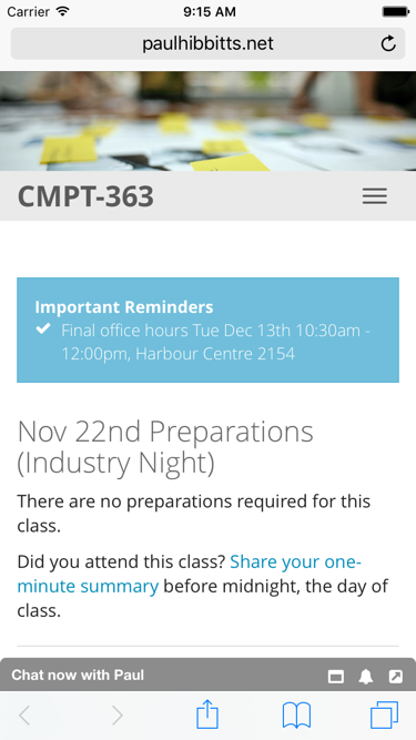 2016 CMPT 363 Course Hub Homepage on Mobile