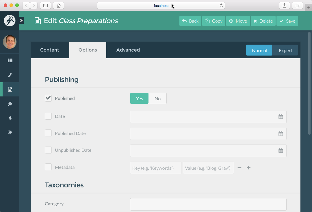 Course Hub **Class Preparations** page **Published** option in the Admin Panel