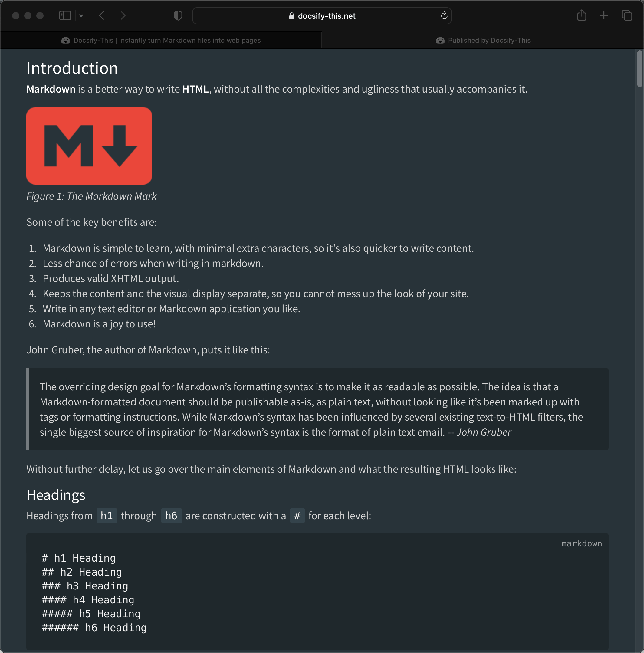 Docsify-This one page article in dark mode screenshot